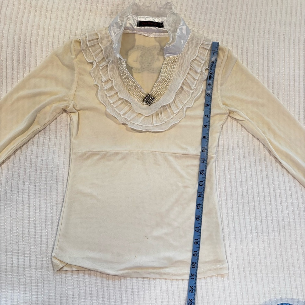 Euro Qian Wan Zi CC Angel Cream Micro Mesh Pearl Gems & Ruffle Long Sleeve L - Picture 13 of 13